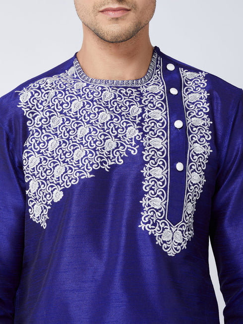 Vastramay Men's Blue And White Silk Blend Kurta and Dhoti Set